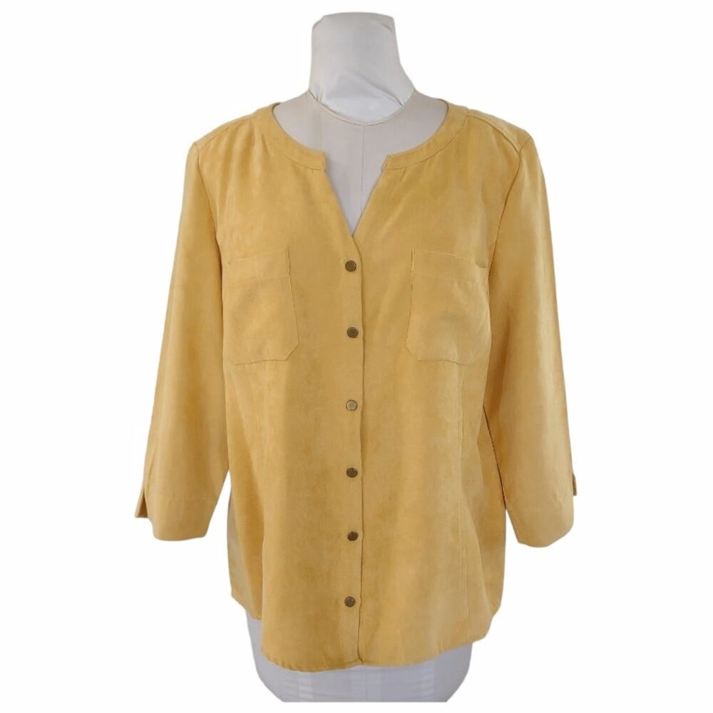 JM COLLECTION Oversized Yellow Top Size L Faux Suede 3/4 Sleeves Button Down